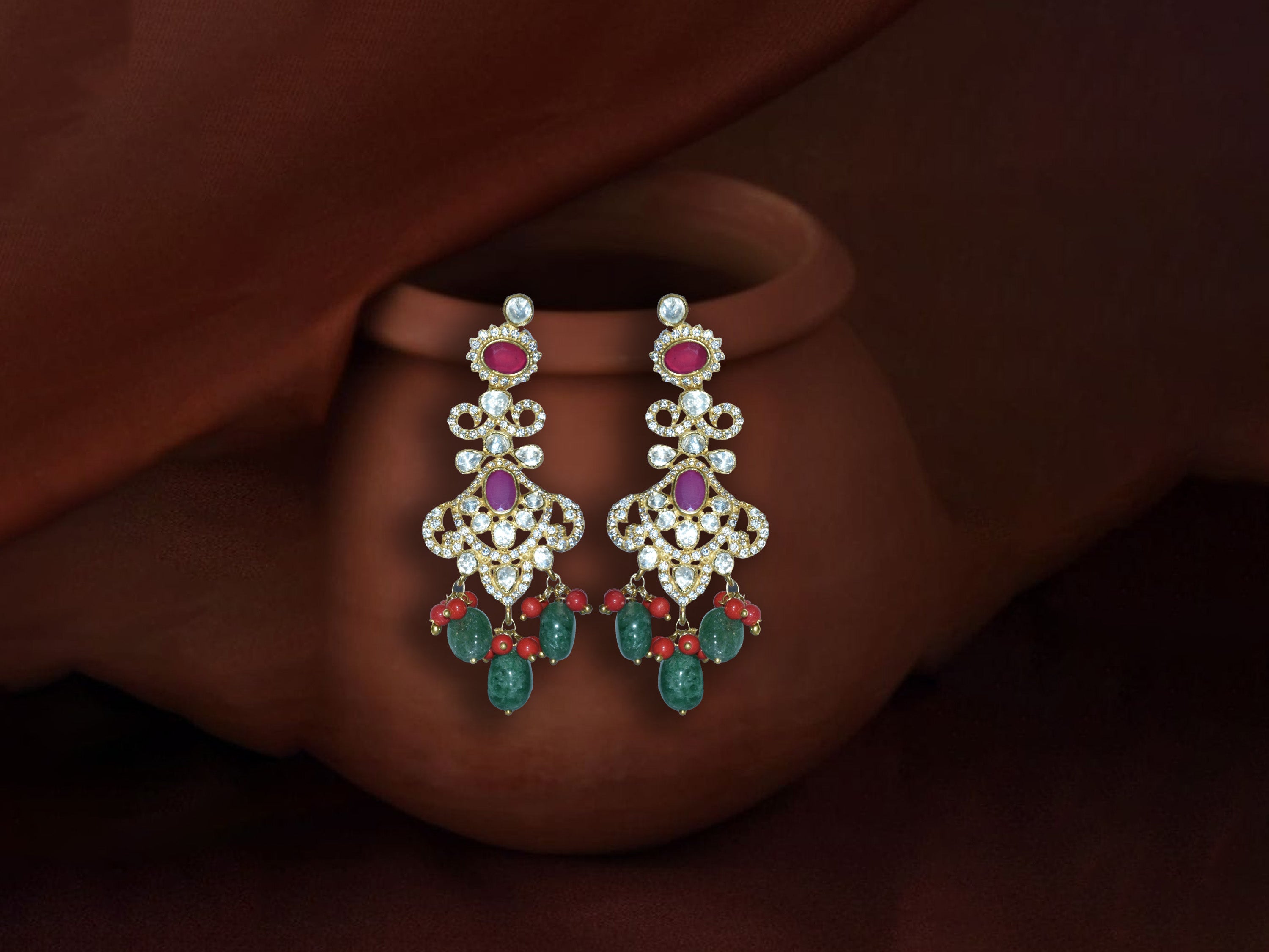 Red & Green Polki Drop Earrings