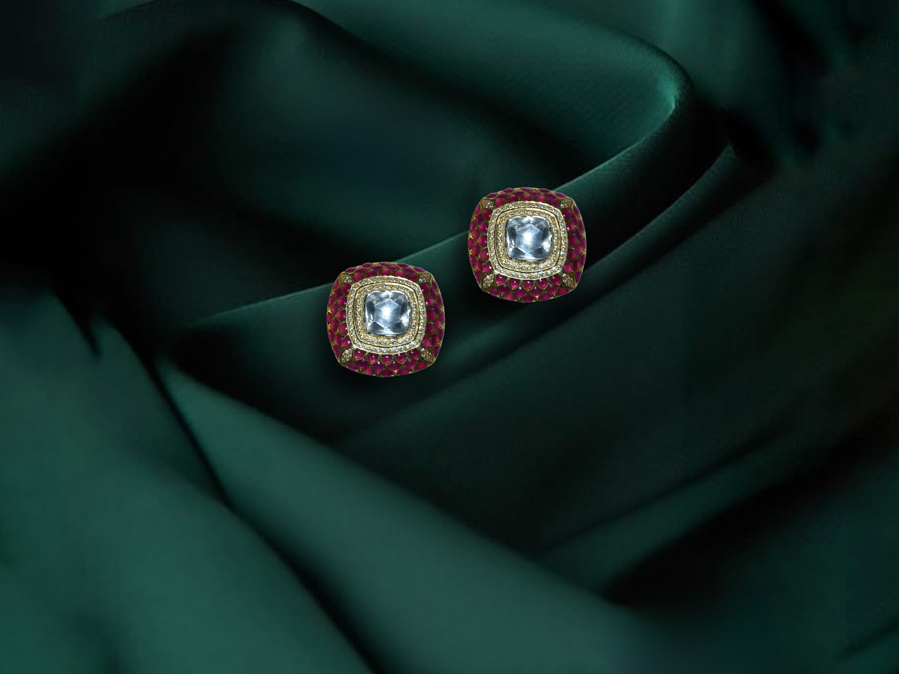 Square Ruby Polki Stud Earrings