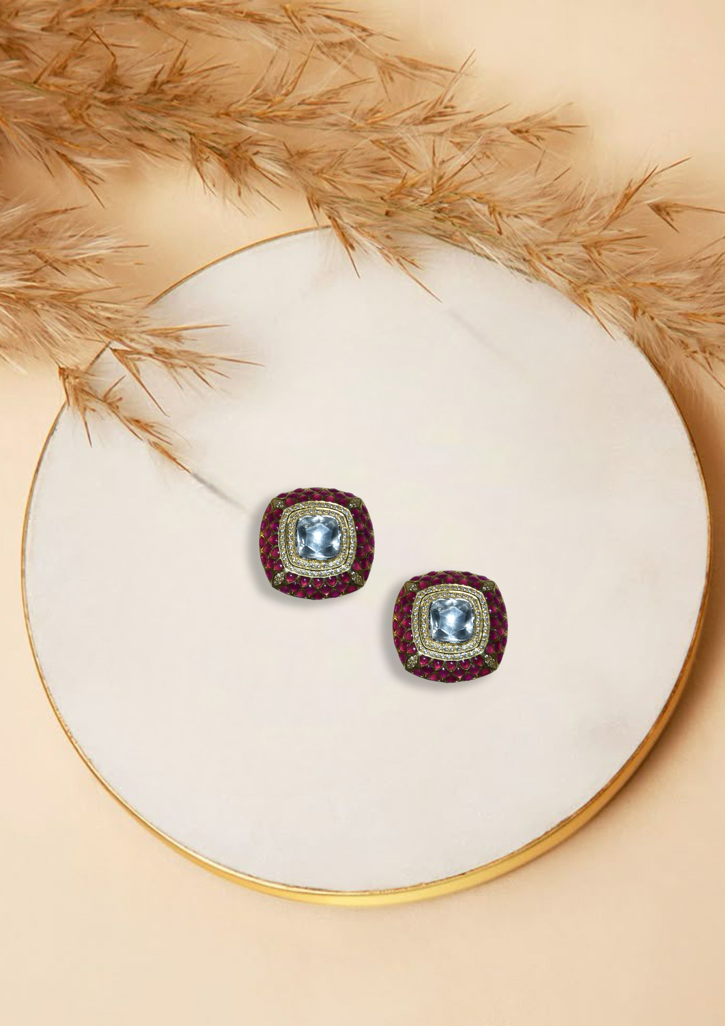 Square Ruby Polki Stud Earrings