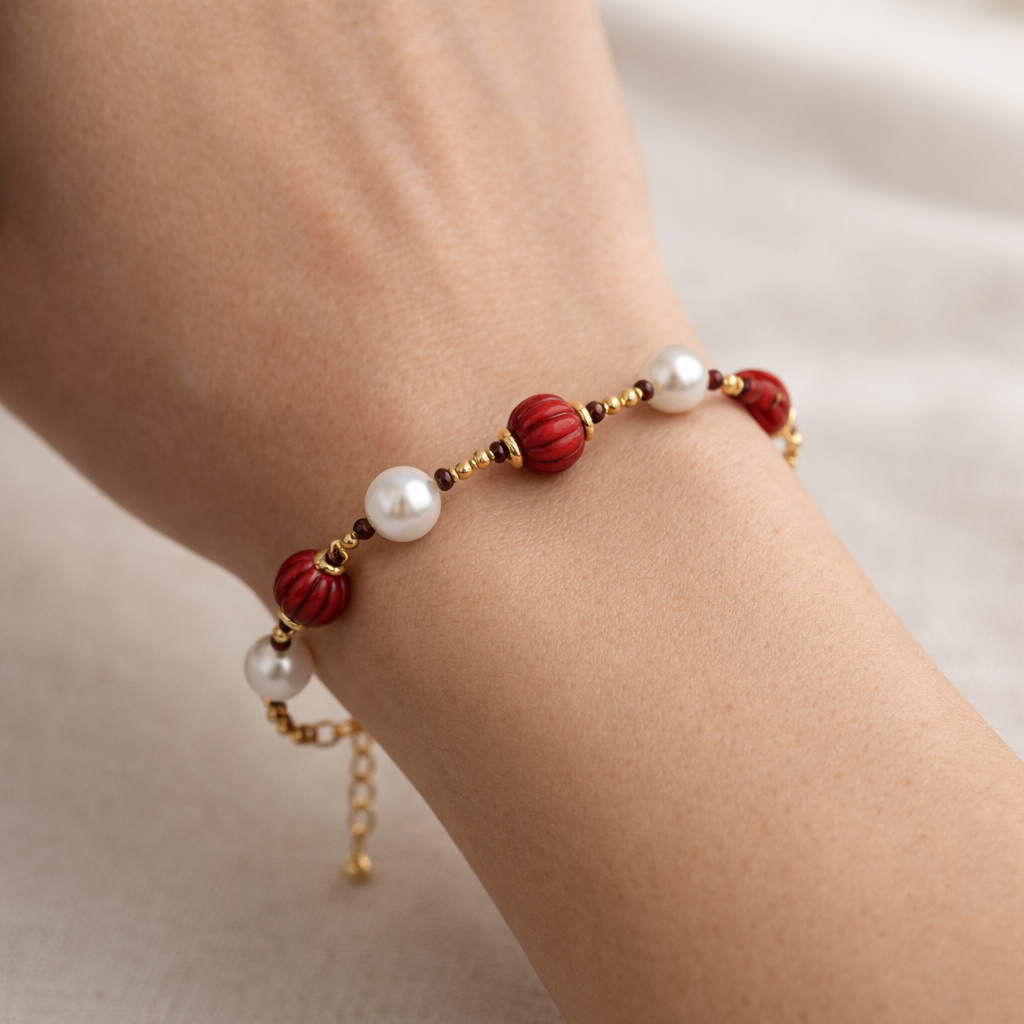 Scarlet Pearl Charm Bracelet – A Bold Touch of Elegance