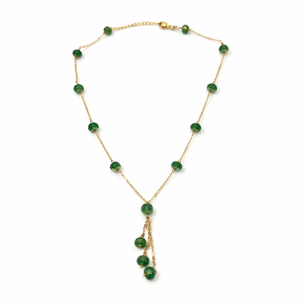 Emerald Dew Drop Beaded Necklace with Graceful Tassel Charm