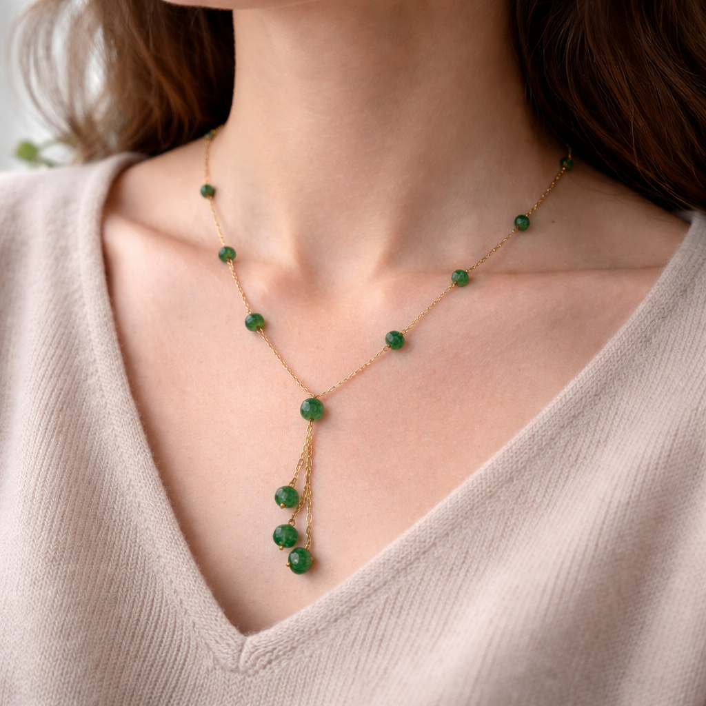 Emerald Dew Drop Beaded Necklace with Graceful Tassel Charm