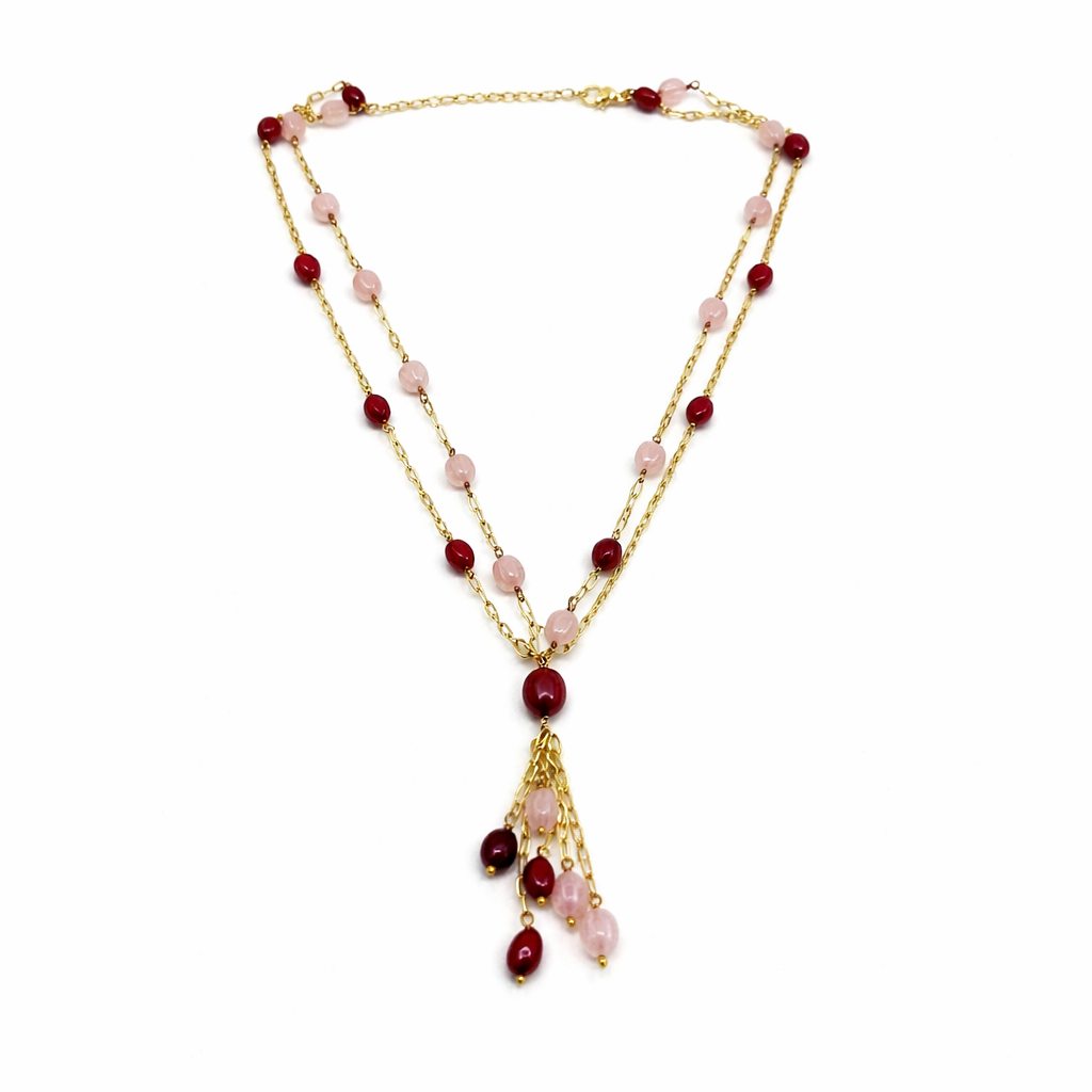 Blush & Ruby Dual-Layer Beaded Necklace with Elegant Tassel Drop