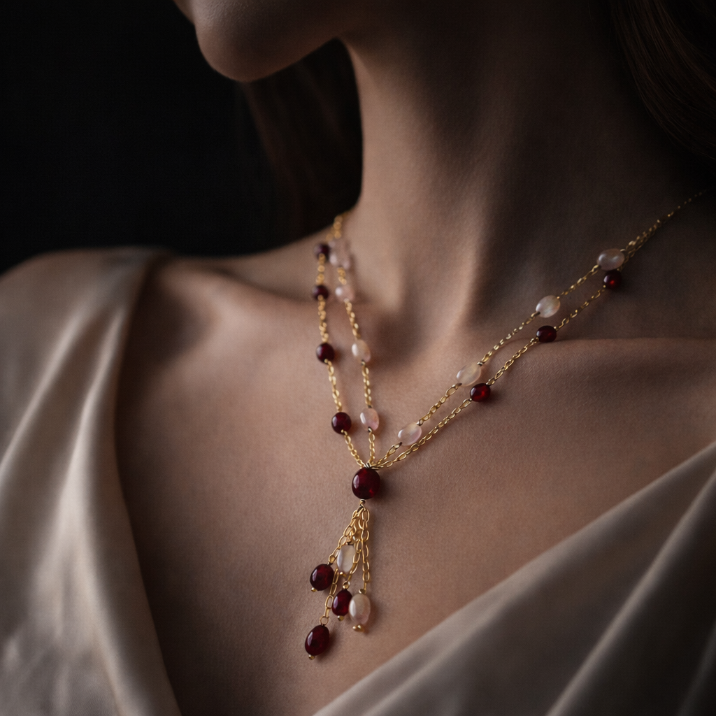 Blush & Ruby Dual-Layer Beaded Necklace with Elegant Tassel Drop