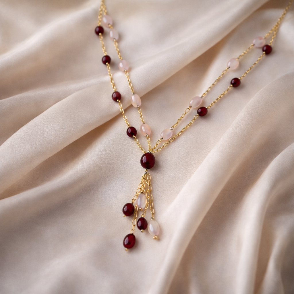 Blush & Ruby Dual-Layer Beaded Necklace with Elegant Tassel Drop