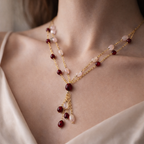 Blush & Ruby Dual-Layer Beaded Necklace with Elegant Tassel Drop