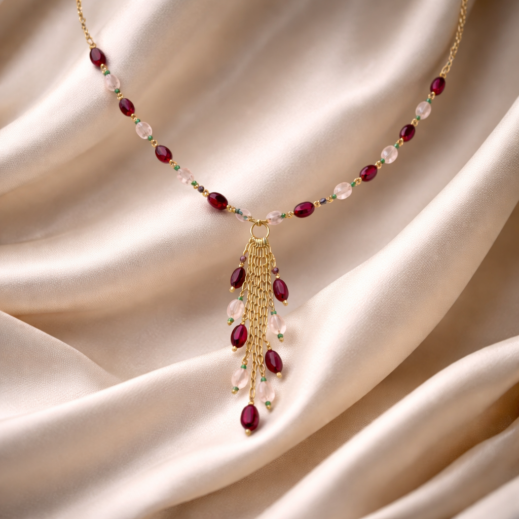 Rose Quartz & Glass Fill Ruby Tassel Drop Necklace