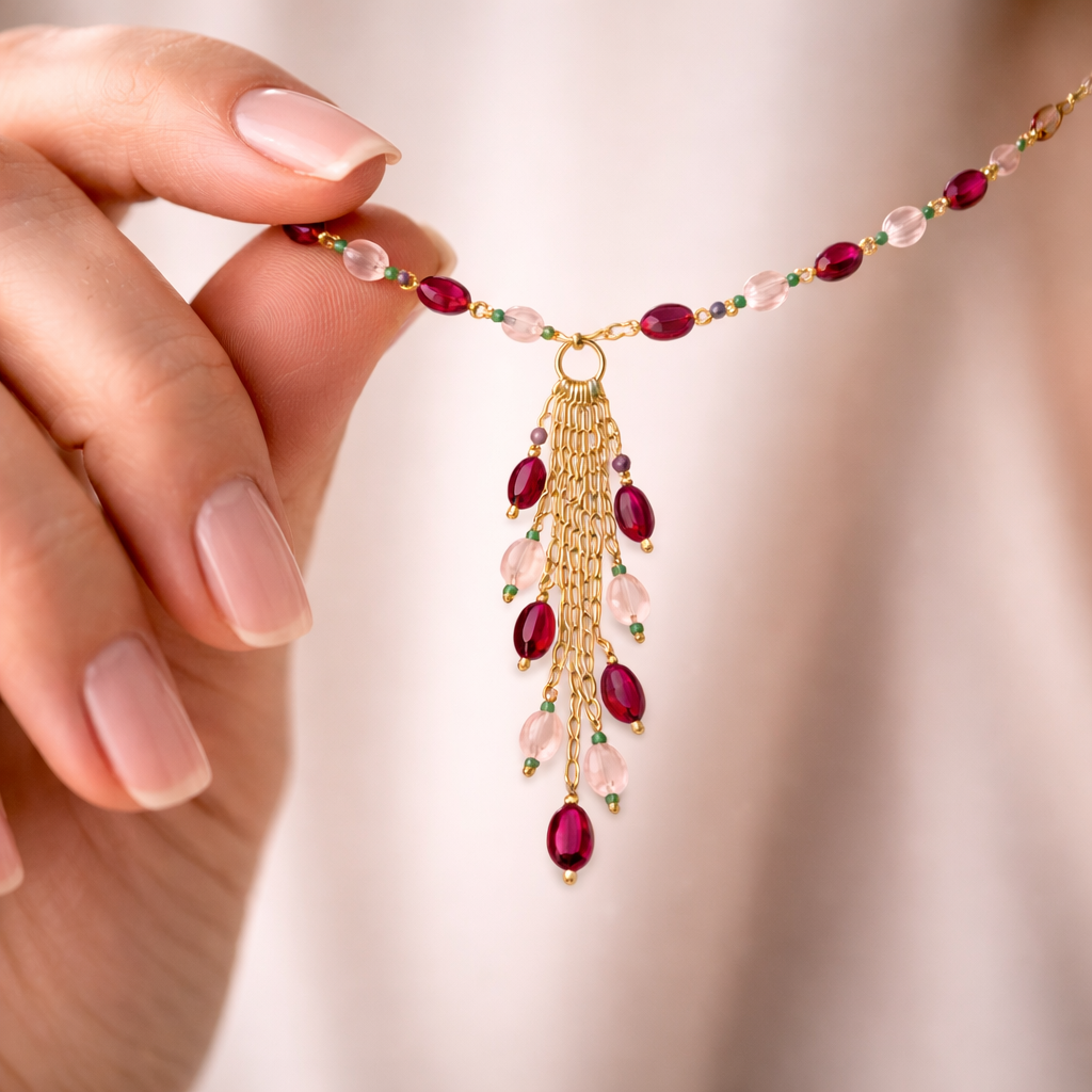 Rose Quartz & Glass Fill Ruby Tassel Drop Necklace