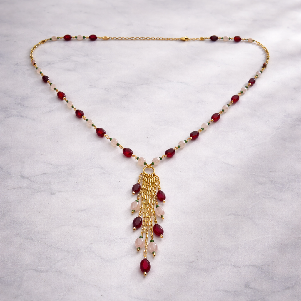 Rose Quartz & Glass Fill Ruby Tassel Drop Necklace
