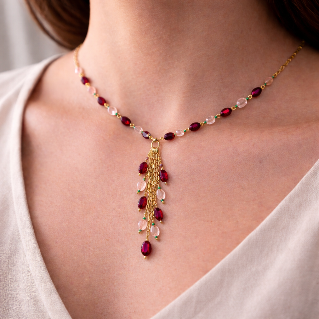 Rose Quartz & Glass Fill Ruby Tassel Drop Necklace