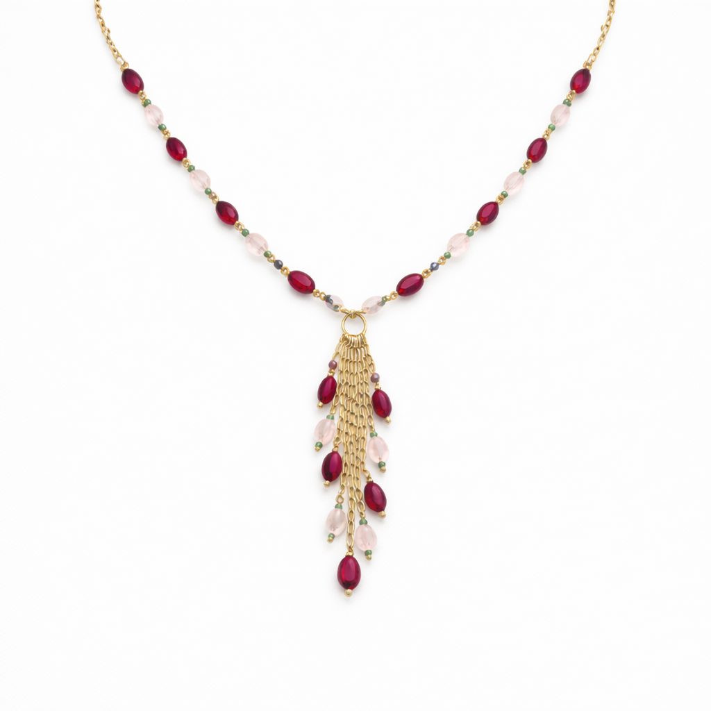 Rose Quartz & Glass Fill Ruby Tassel Drop Necklace