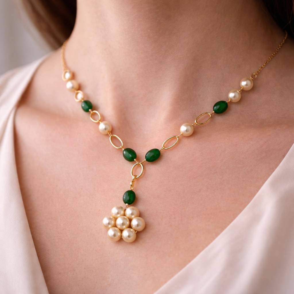 Strawberry Gemstone & Pearl Cluster Drop Necklace