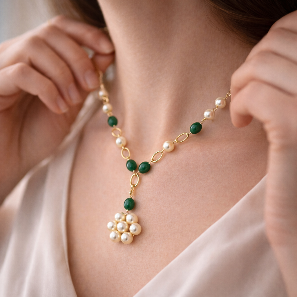 Strawberry Gemstone & Pearl Cluster Drop Necklace