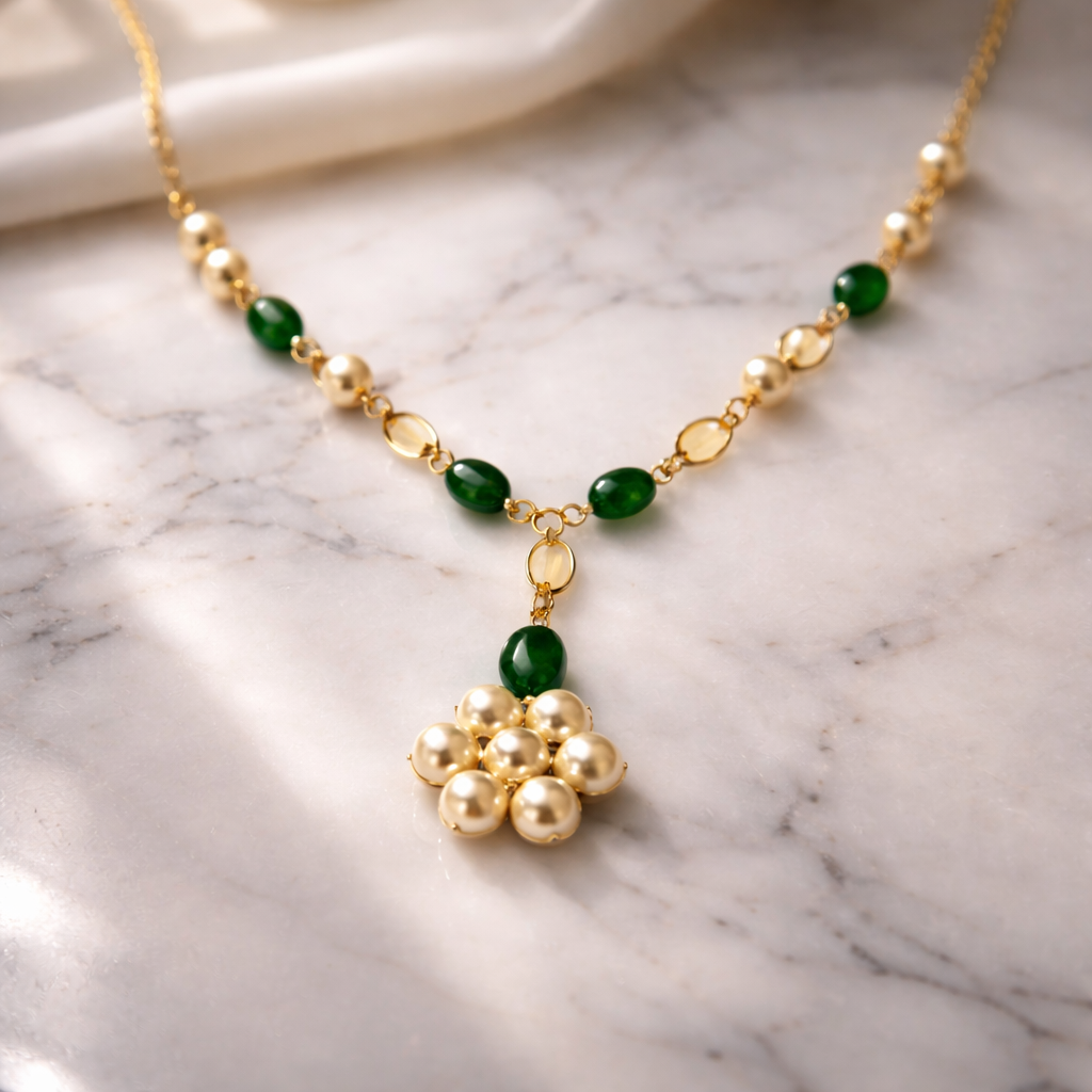 Strawberry Gemstone & Pearl Cluster Drop Necklace