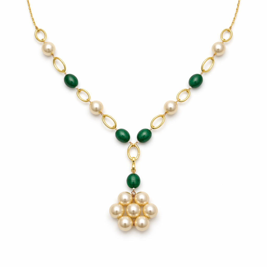 Strawberry Gemstone & Pearl Cluster Drop Necklace