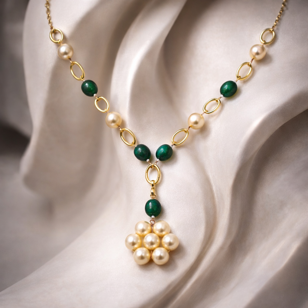 Strawberry Gemstone & Pearl Cluster Drop Necklace