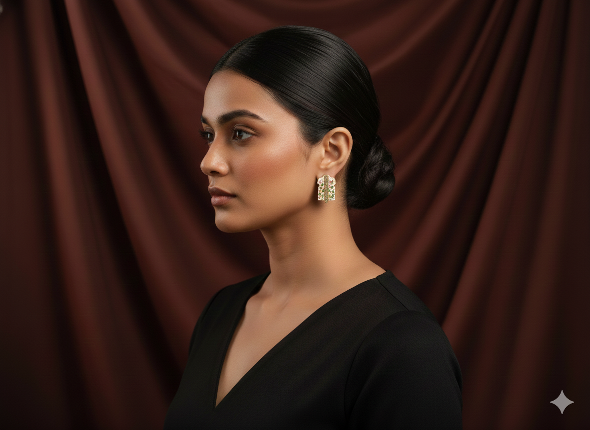 Woman wearing gold earrings against a brown curtain background
