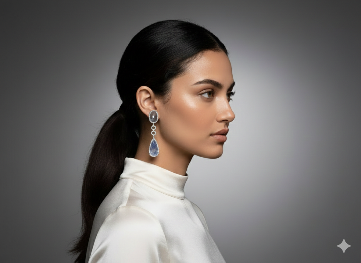 Blue Dual Stone Sapphire Drop Earrings with Crystal Border