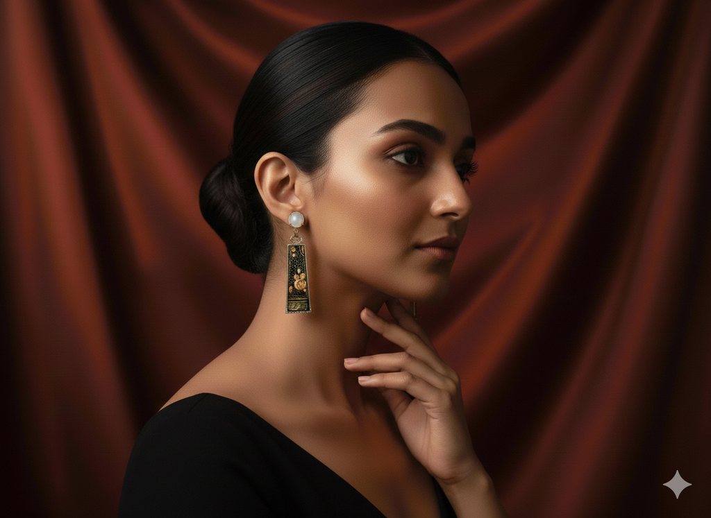 Floral Enamel Drop Earrings with Pearl Stud – Elegant Long Design