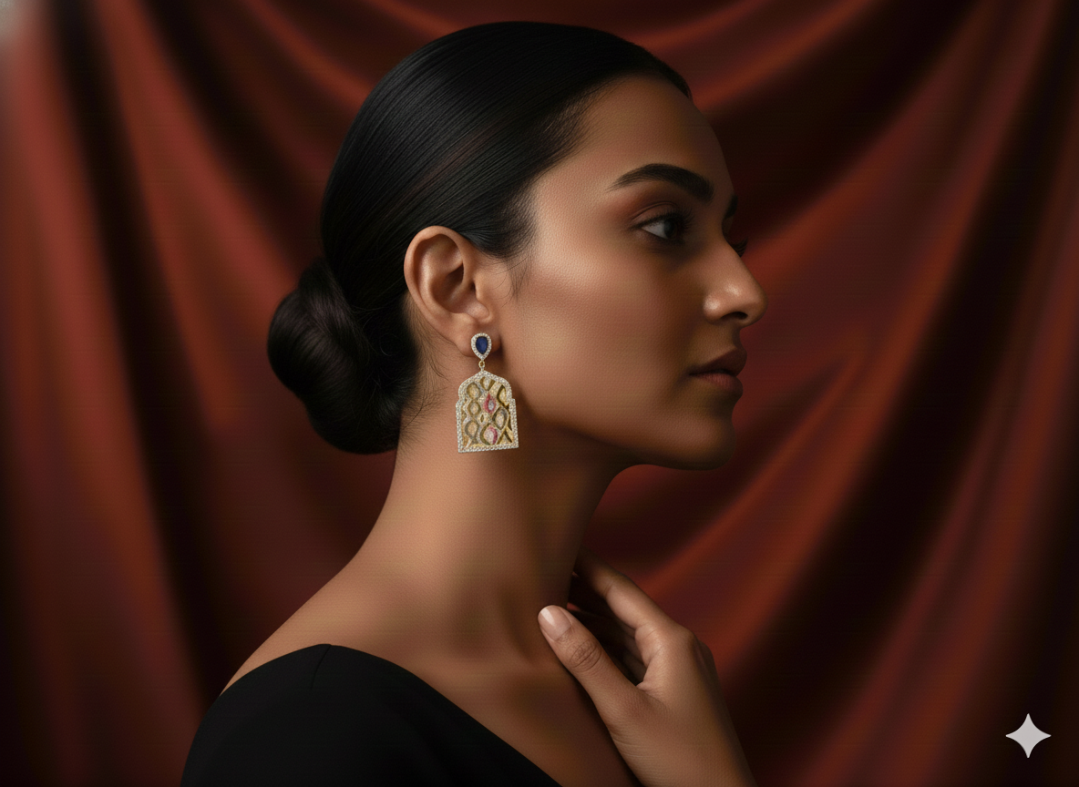 Designer Enamel Stone Earrings – Artistic Pattern Drop Design