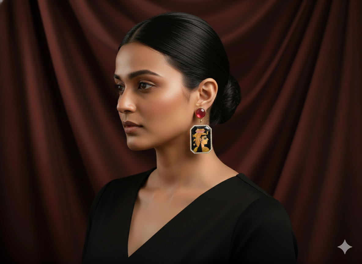 Hand-Painted Sterling Silver Earrings – Egyptian Queen Enamel Design