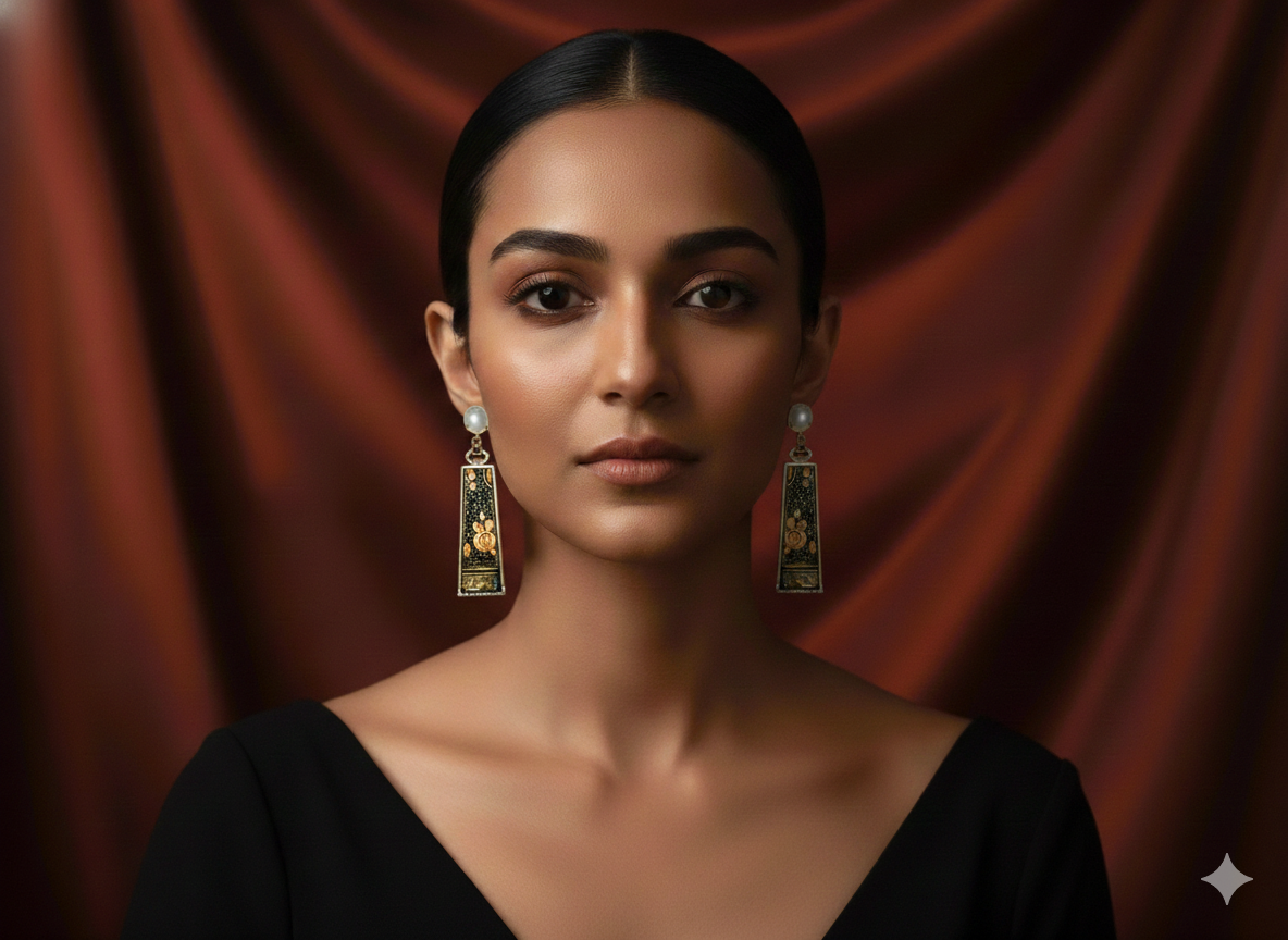 Floral Enamel Drop Earrings with Pearl Stud – Elegant Long Design