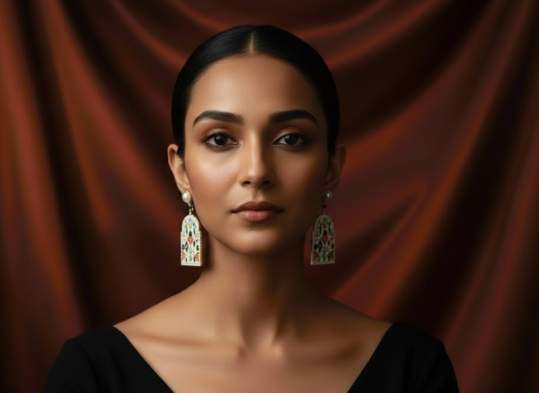 Woman wearing earrings with a dark red curtain background