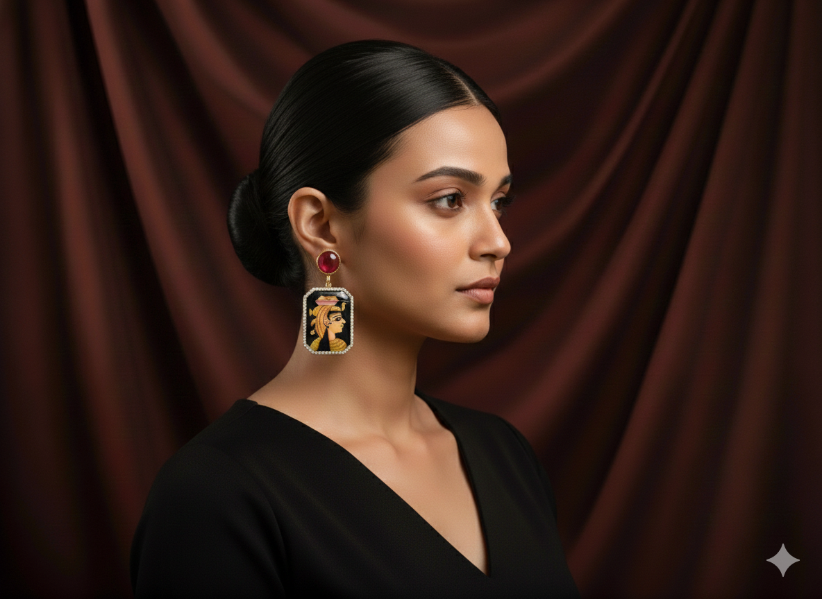 Hand-Painted Sterling Silver Earrings – Egyptian Queen Enamel Design