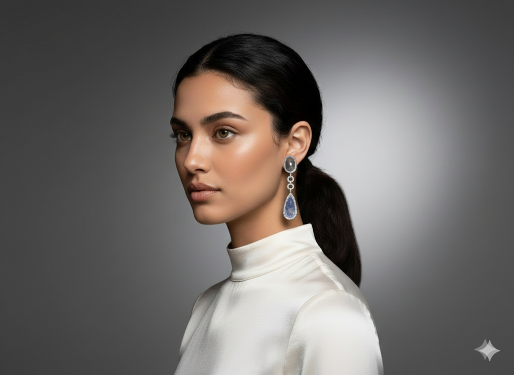 Blue Dual Stone Sapphire Drop Earrings with Crystal Border