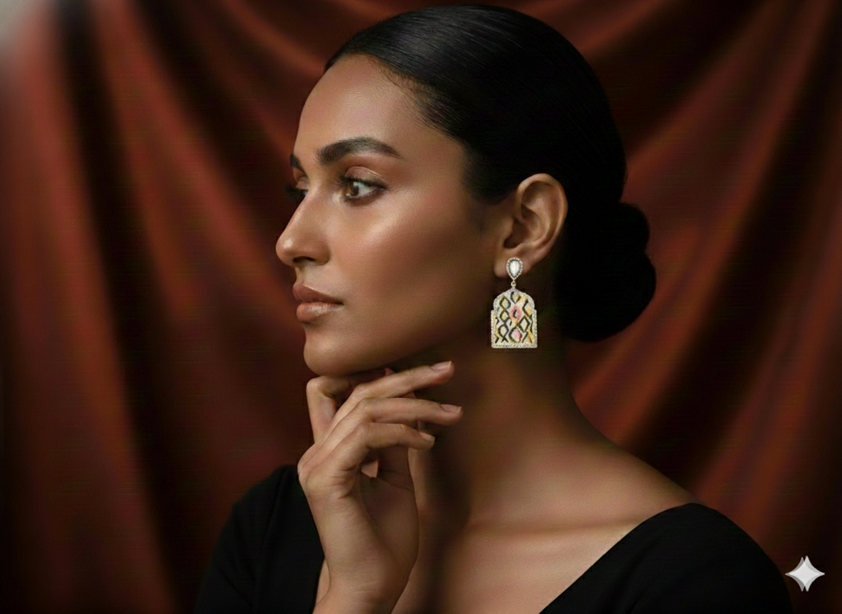 Woman wearing a gold earring against a brown curtain background
