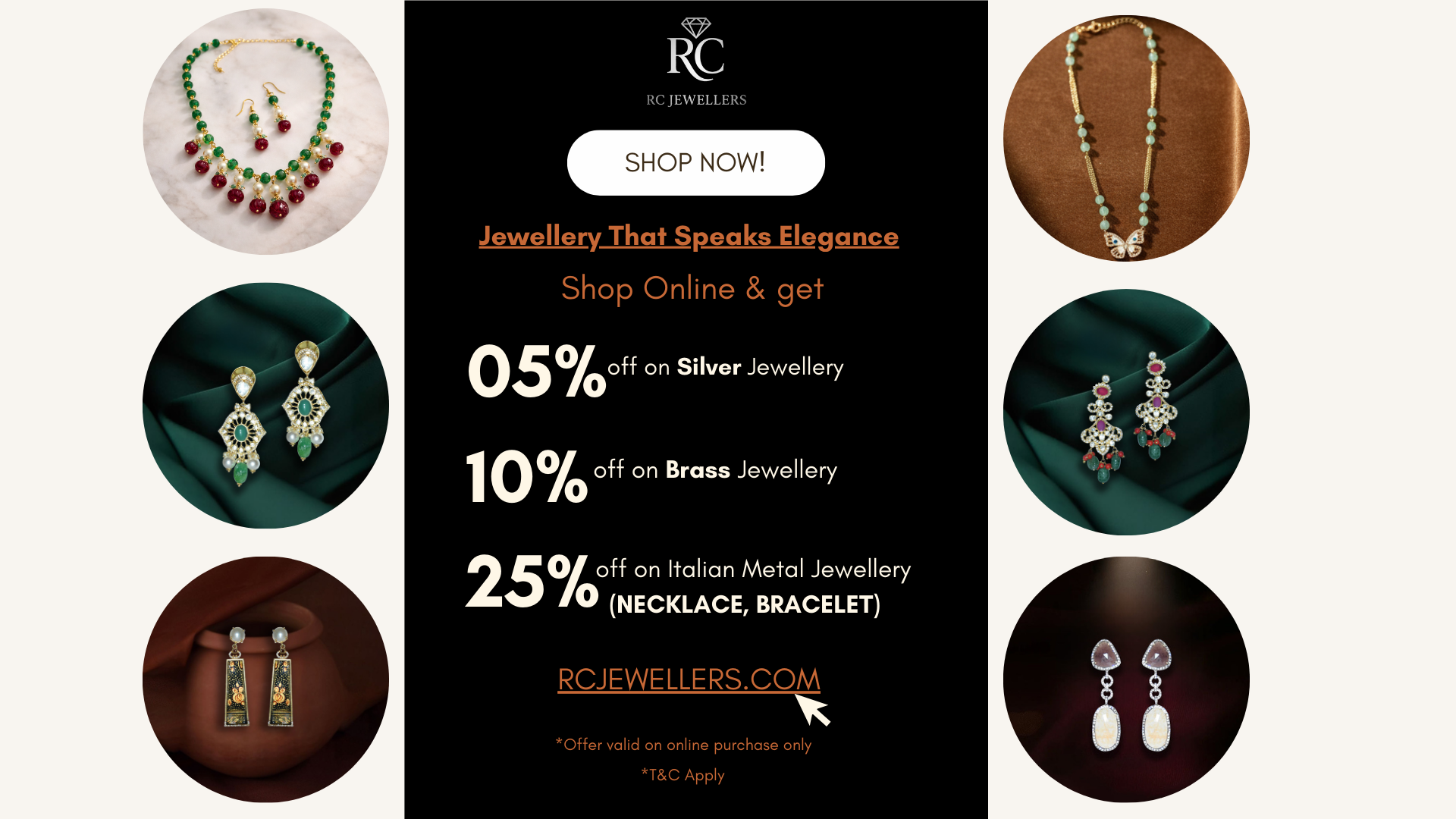 Advertisement for RC Jewellers with jewelry images and promotional offers.