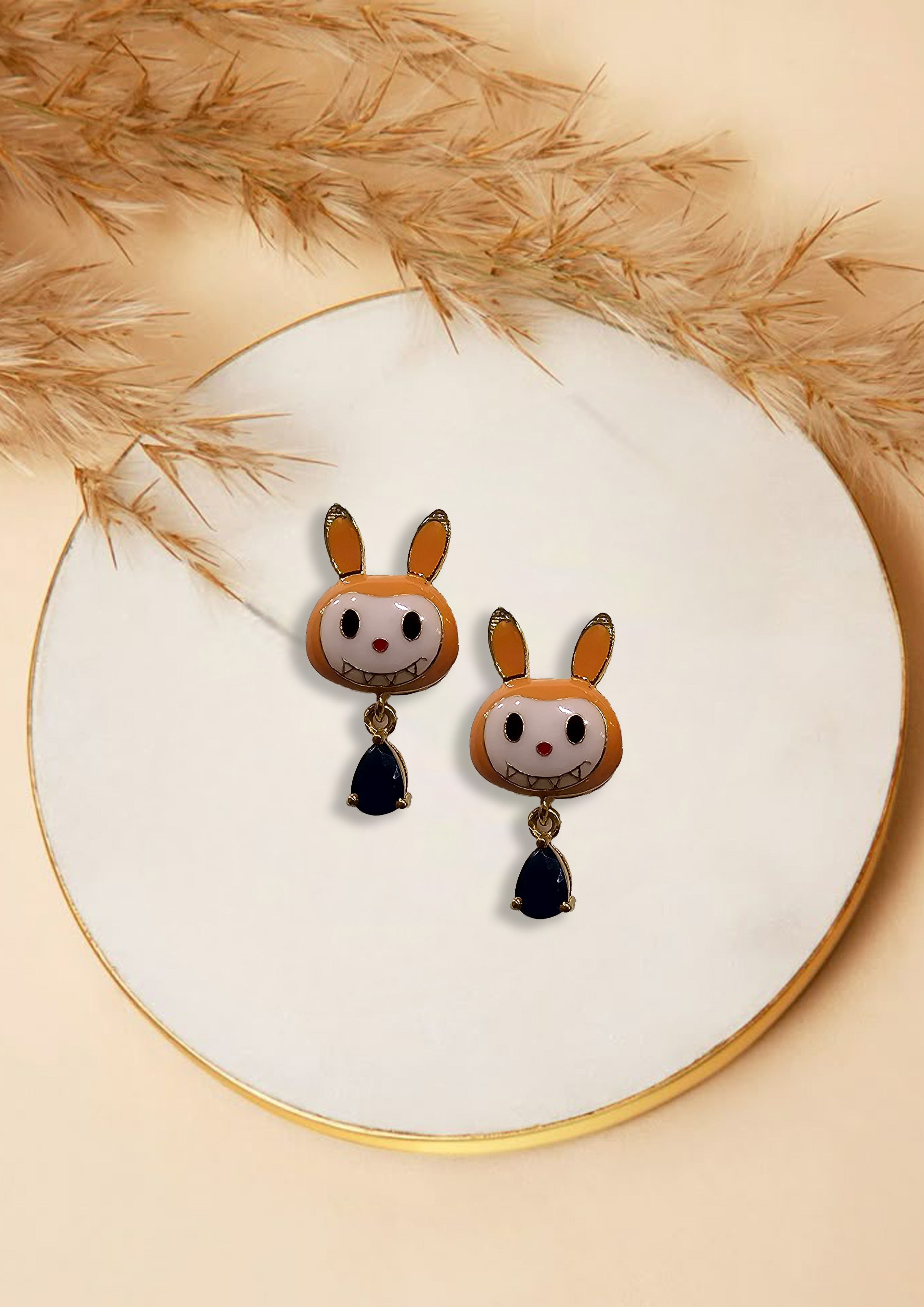 Labubu Doll Earrings – Cute Gold Plated Drop Earrings with Stone Charm